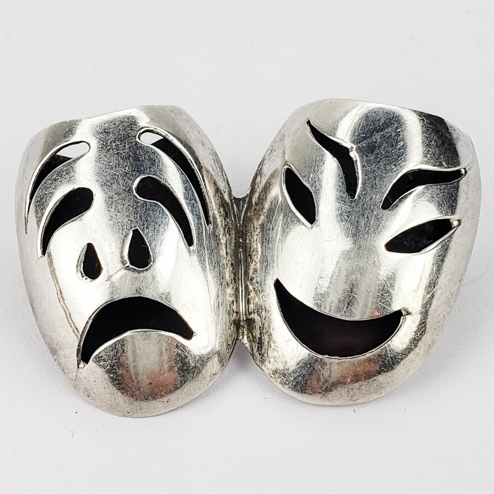 Vintage Mexico Sterling Silver 925‎ Comedy and Tragedy Mask Brooch Pin